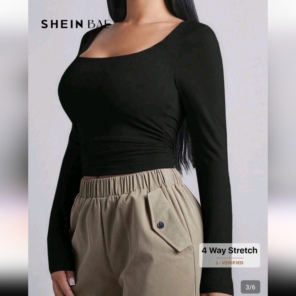 Shein Women Long Sleeve Stretch Ruched Black Top Size XS Winter Fall